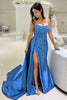 Load image into Gallery viewer, Blue Mermaid Ruched Strapless Long Satin Prom Dress with Slit