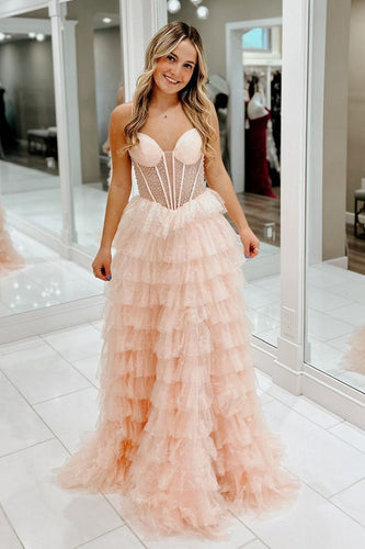 Sparkly Pink Corset Beaded Tiered Long Prom Dress