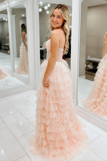 Sparkly Pink Corset Beaded Tiered Long Prom Dress