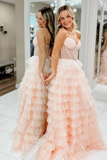 Sparkly Pink Corset Beaded Tiered Long Prom Dress