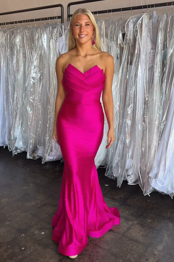 Fuchsia Strapless Sheath Satin Long Prom Dress