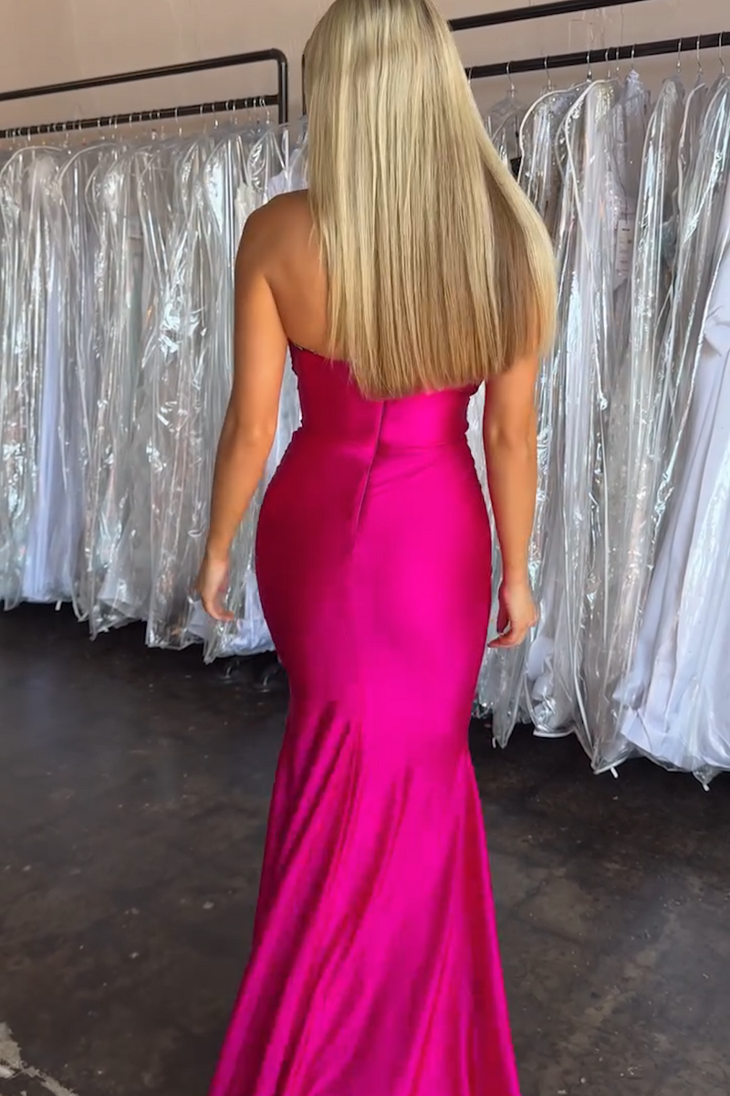 Load image into Gallery viewer, Fuchsia Strapless Sheath Satin Long Prom Dress