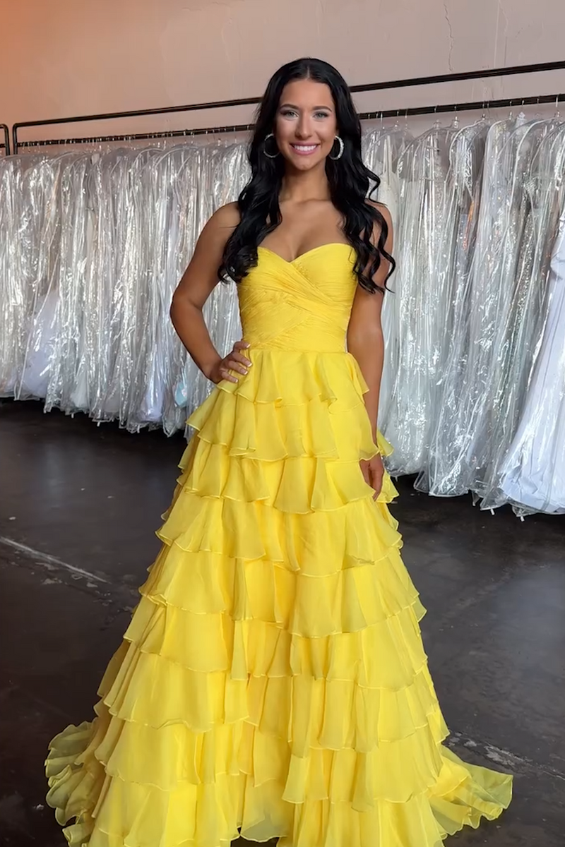 Load image into Gallery viewer, Yellow Strapless A Line Chiffon Long Tiered Prom Dress