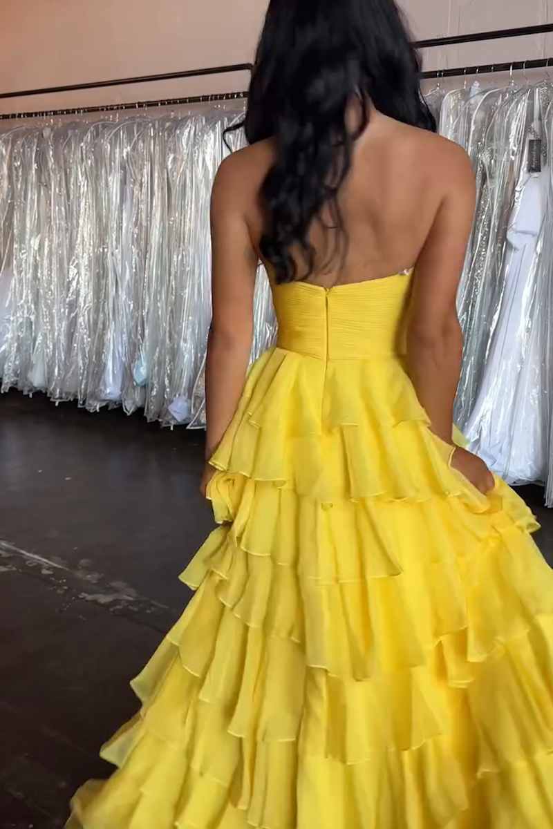 Load image into Gallery viewer, Yellow Strapless A Line Chiffon Long Tiered Prom Dress