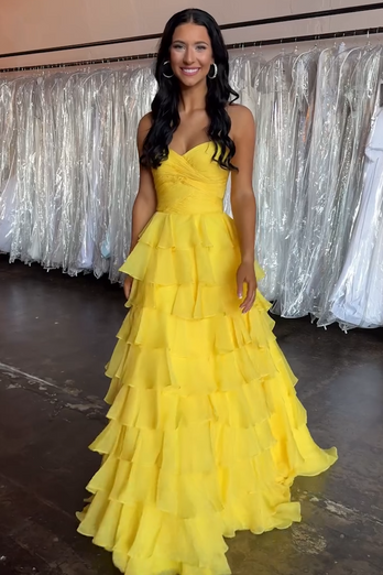 Yellow Strapless A Line Chiffon Long Tiered Prom Dress