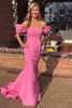 Load image into Gallery viewer, Pink Mermaid Off The Shoulder Satin Long Prom Dress with Puff Sleeves