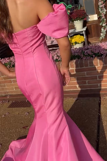 Pink Mermaid Off The Shoulder Satin Long Prom Dress with Puff Sleeves