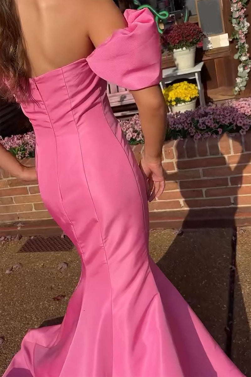 Load image into Gallery viewer, Pink Mermaid Off The Shoulder Satin Long Prom Dress with Puff Sleeves