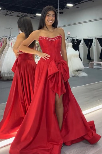 Sparkly Red Corset Bow Long Beaded Prom Dress with Slit