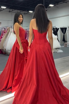 Sparkly Red Corset Bow Long Beaded Prom Dress with Slit