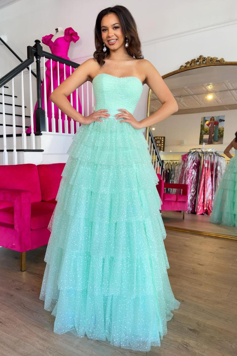 Load image into Gallery viewer, Mint Strapless A Line Long Sparkly Prom Dress with Slit