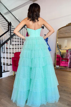 Mint Strapless A Line Long Sparkly Prom Dress with Slit