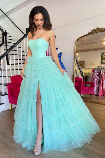 Mint Strapless A Line Long Sparkly Prom Dress with Slit