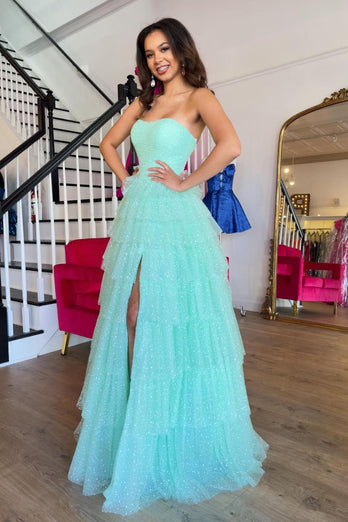 Mint Strapless A Line Long Sparkly Prom Dress with Slit