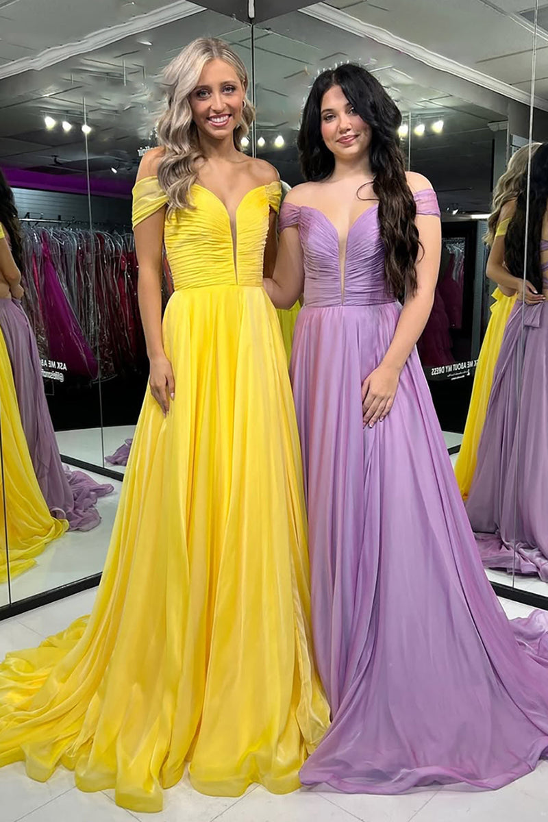 Load image into Gallery viewer, Lilac Off the Shoulder A Line Long Ruched Prom Dress