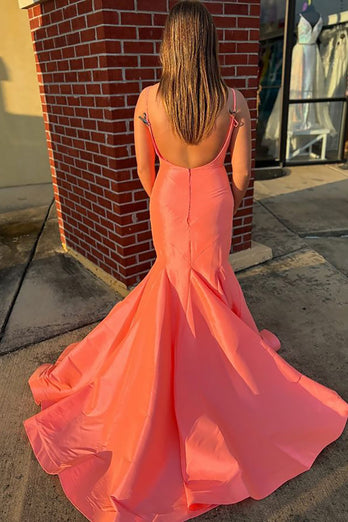 Orange Mermaid Spaghetti Straps Backless Long Satin Prom Dress