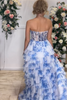 Load image into Gallery viewer, White Blue Flower Chiffon Tiered Sweetheart Long Corset Prom Dress