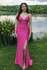 Load image into Gallery viewer, Fuchsia Satin V-Neck Long Sheath Prom Dress with Slit