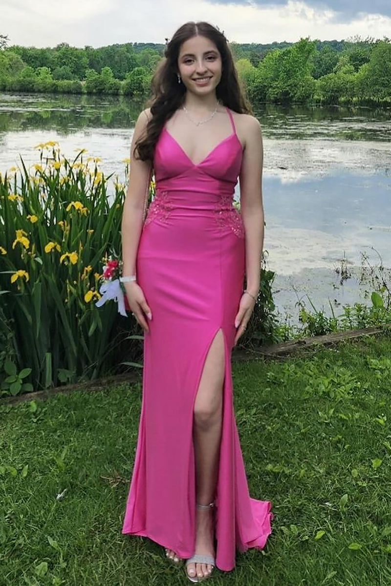 Load image into Gallery viewer, Fuchsia Satin V-Neck Long Sheath Prom Dress with Slit