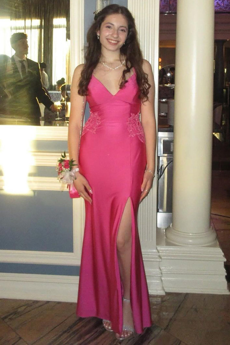 Load image into Gallery viewer, Fuchsia Satin V-Neck Long Sheath Prom Dress with Slit