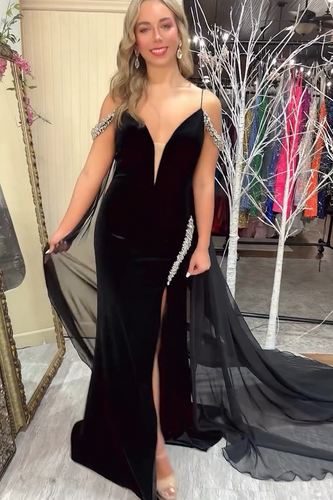 Sparkly Black Flowy Long BeadedProm Dress with Slit