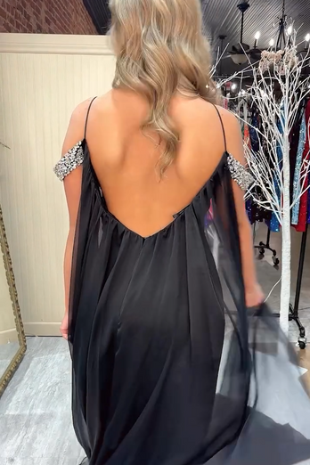 Sparkly Black Flowy Long BeadedProm Dress with Slit