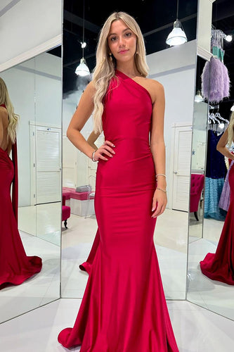 Red Mermaid One Shoulder Satin Open Back Long Prom Dress