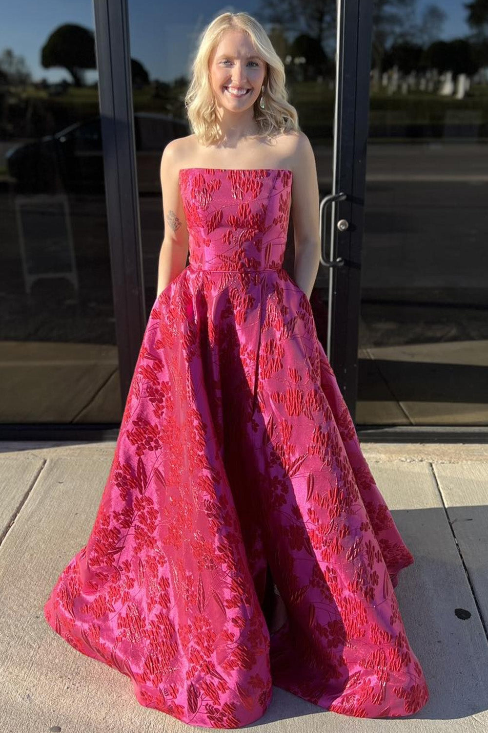 Fuchsia Floral A Line Strapless Long Prom Dress with Embroidery