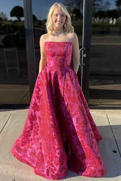 Fuchsia A-Line Strapless Floral Long Prom Dress with Slit