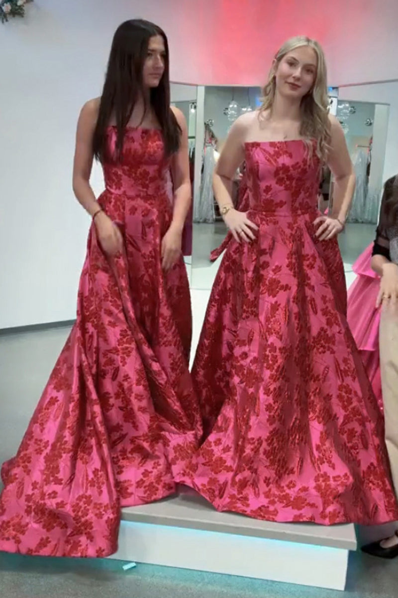 Load image into Gallery viewer, Fuchsia A-Line Strapless Floral Long Prom Dress with Slit