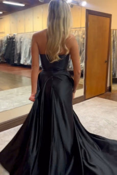 Black Mermaid Strapless Ruched Long Satin Prom Dress with Slit