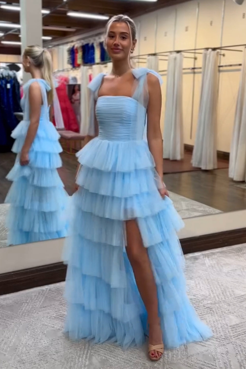 Blue A Line Ruffles Tulle Long Prom Dress with Slit