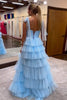 Load image into Gallery viewer, Blue A Line Ruffles Tulle Long Prom Dress with Slit