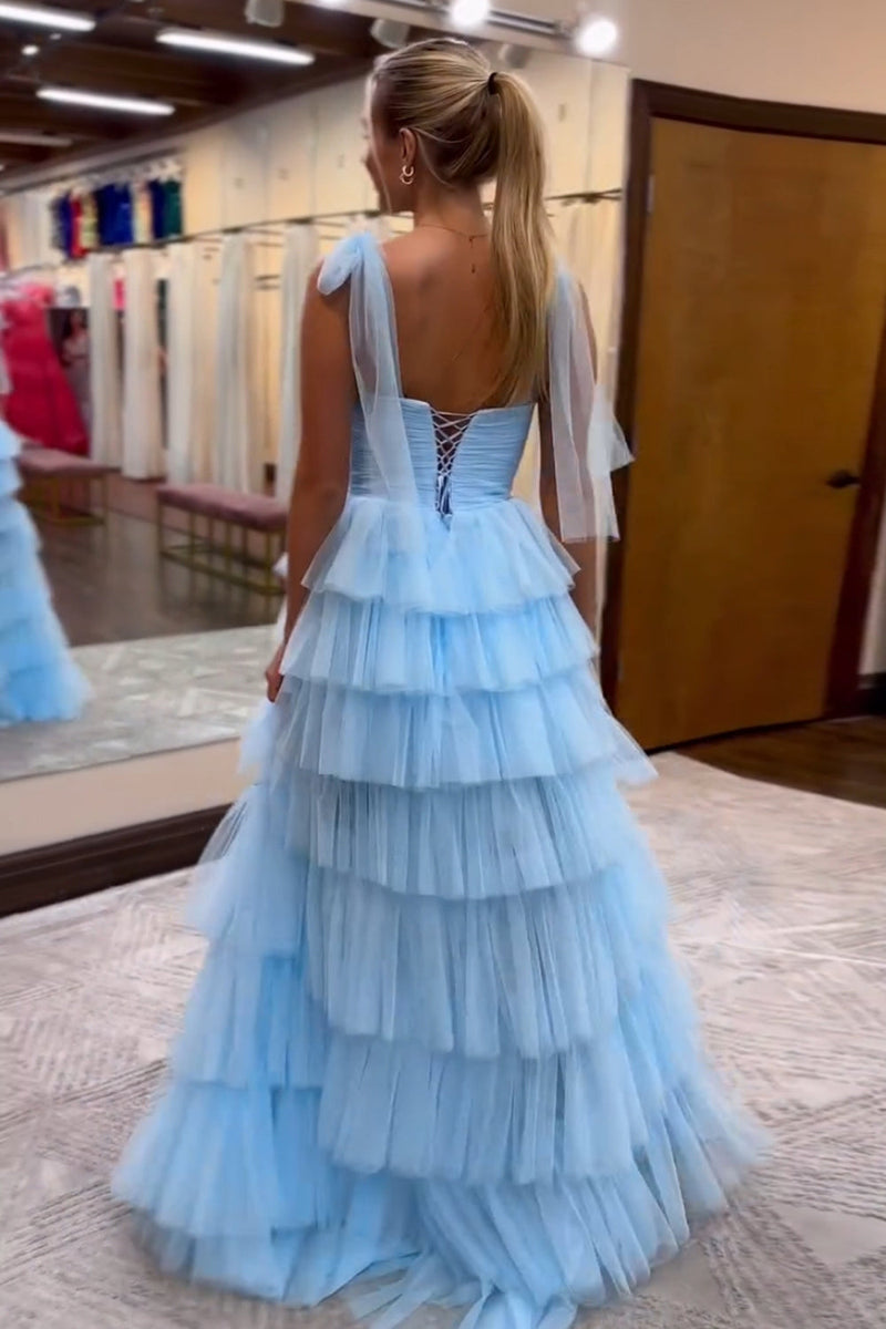 Load image into Gallery viewer, Blue A Line Ruffles Tulle Long Prom Dress with Slit