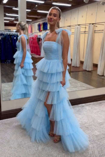 Blue A Line Ruffles Tulle Long Prom Dress with Slit