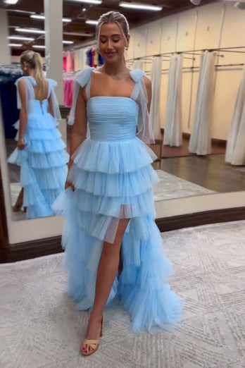 Blue A Line Ruffles Tulle Long Prom Dress with Slit