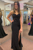 Load image into Gallery viewer, Sparkly Black Corset Spaghetti Straps Appliques Long Prom Dress with Slit