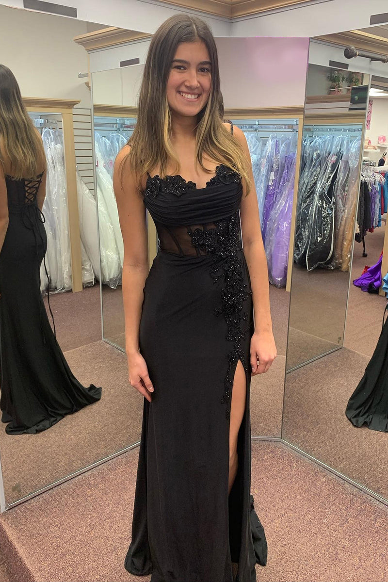 Load image into Gallery viewer, Sparkly Black Corset Spaghetti Straps Appliques Long Prom Dress with Slit