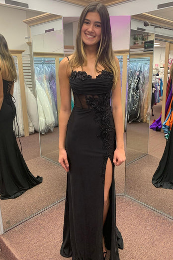 Sparkly Black Corset Spaghetti Straps Appliques Long Prom Dress with Slit