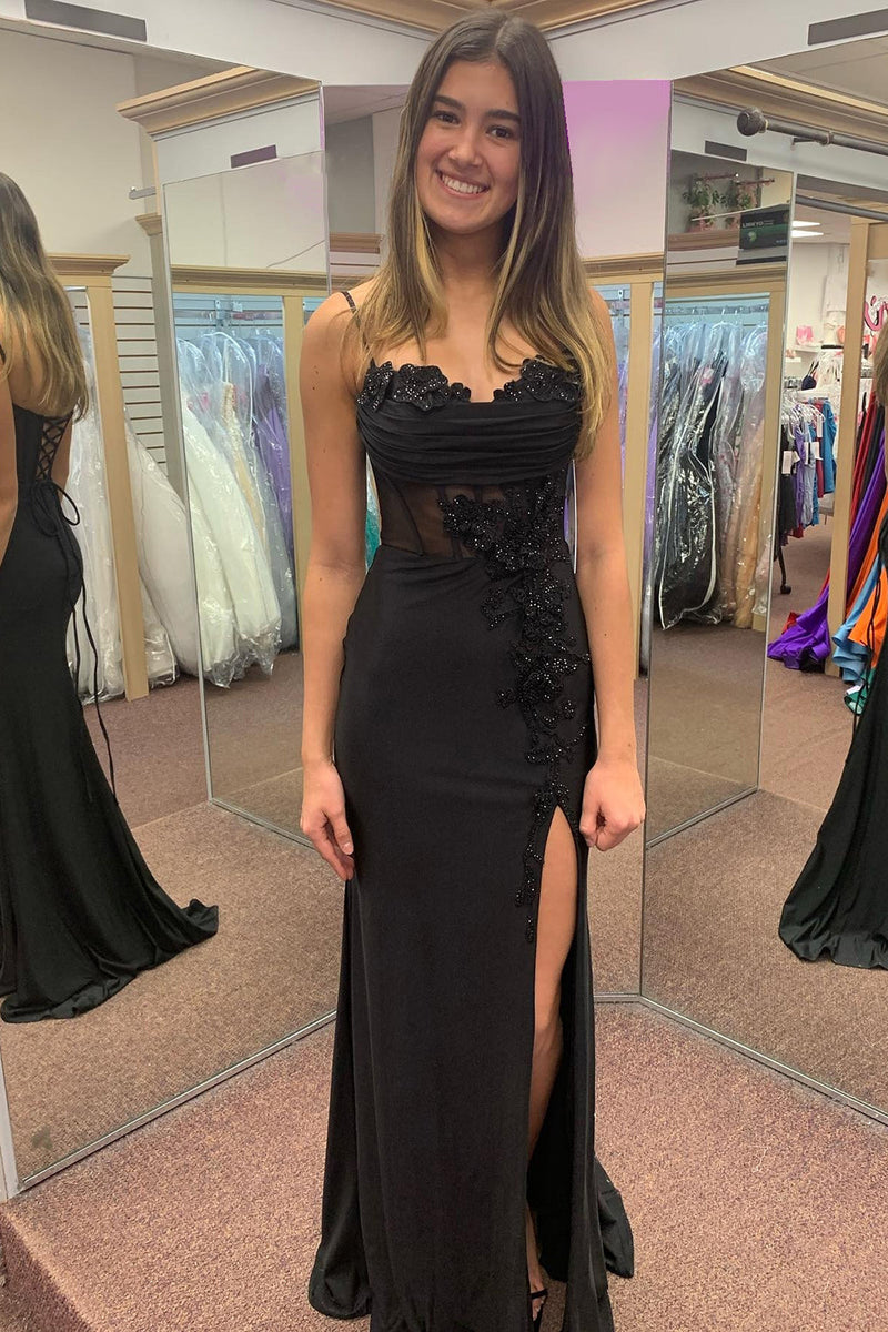 Load image into Gallery viewer, Sparkly Black Corset Spaghetti Straps Appliques Long Prom Dress with Slit