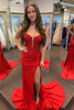 Load image into Gallery viewer, Sparkly Red Mermaid Beaded Appliques Satin Long Corset Prom Dress with Slit