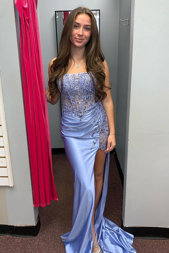 Floral Grey Blue Mermaid Appliques Long Corset Prom Dress with Slit