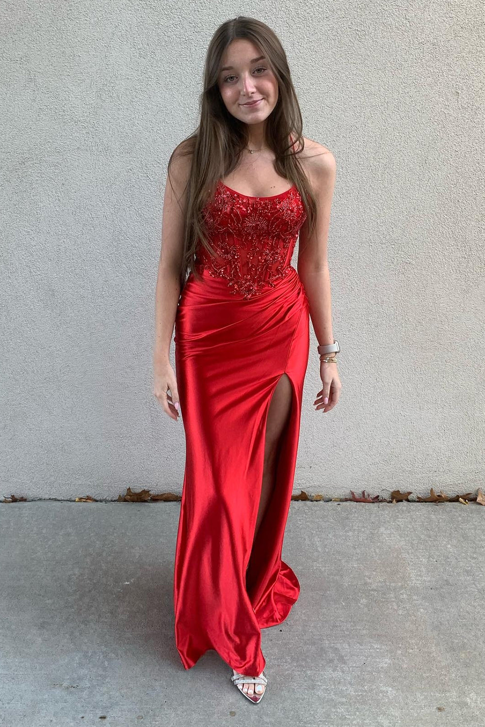 Sparkly Red Spaghetti Straps Appliques Long Corset Prom Dress with Slit