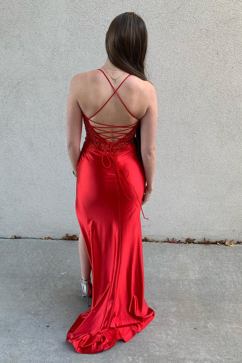 Load image into Gallery viewer, Sparkly Red Spaghetti Straps Appliques Long Corset Prom Dress with Slit