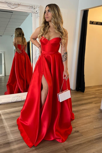 Red Sweetheart A Line Satin Long Prom Dress with Slit