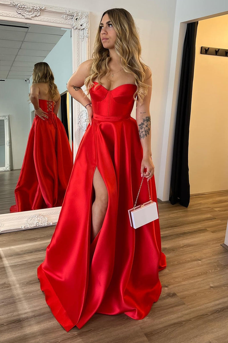 Load image into Gallery viewer, Red Sweetheart A Line Satin Long Prom Dress with Slit