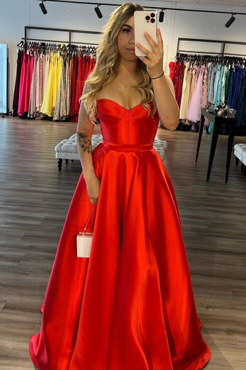 Red Sweetheart A Line Satin Long Prom Dress with Slit