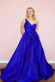 Royal Blue A-Line One Shoulder Bow Long Satin Prom Dress with Slit