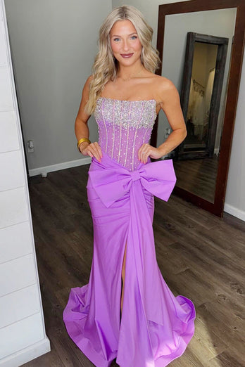 Sparkly Blue Mermaid Beaded Strapless Long Corset Prom Dress with Slit