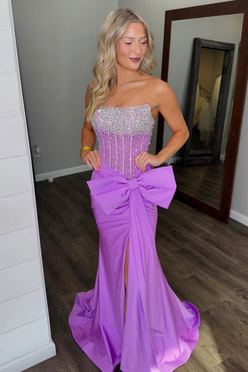 Sparkly Blue Mermaid Beaded Strapless Long Corset Prom Dress with Slit